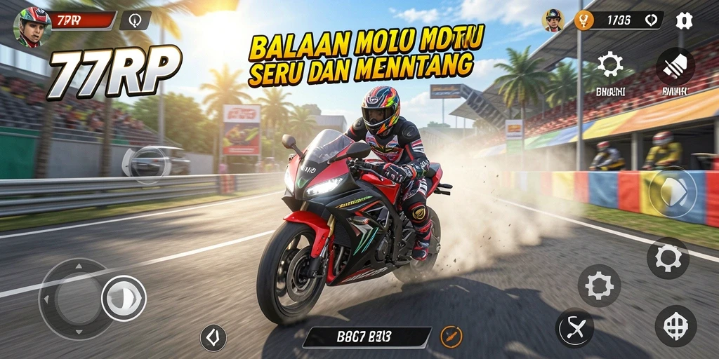 Screenshot gameplay 77RP menampilkan motor balap yang melaju kencang di lintasan.