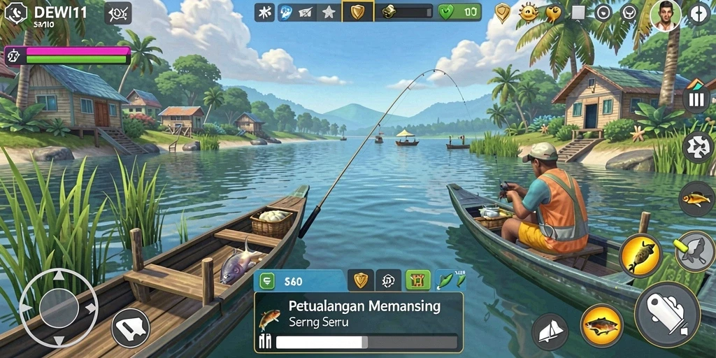 Tampilan gameplay DEWI11 yang menampilkan suasana memancing yang menakjubkan.