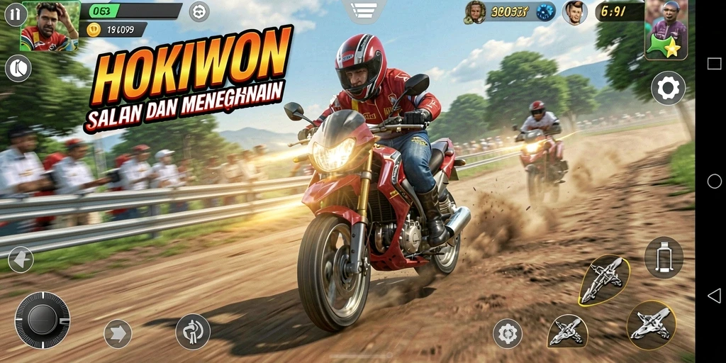 Screenshot gameplay HOKIWON menampilkan aksi balapan yang mendebarkan.