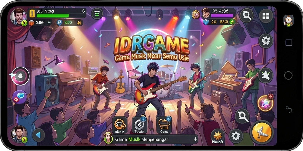 Tampilan utama IDRGAME menampilkan pemain yang asyik bermain musik.
