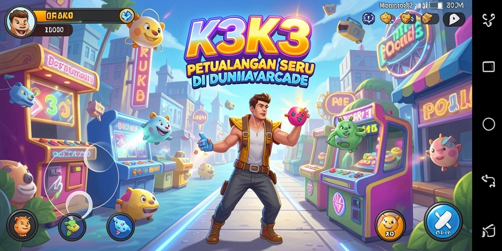 Screenshot K3K3 menunjukkan aksi seru dan penuh warna dalam gameplay Arcade.