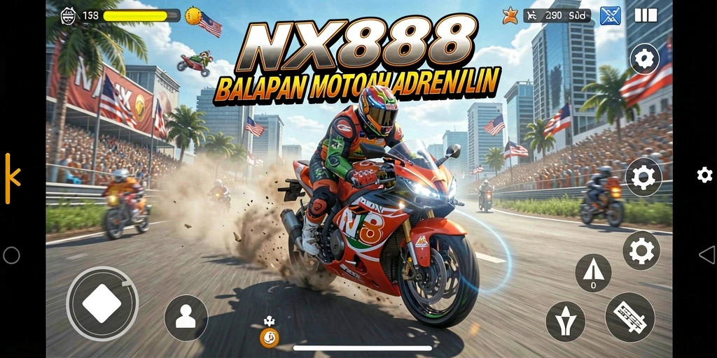 Screenshot utama NX888 menampilkan balapan motor yang seru dan mendebarkan.