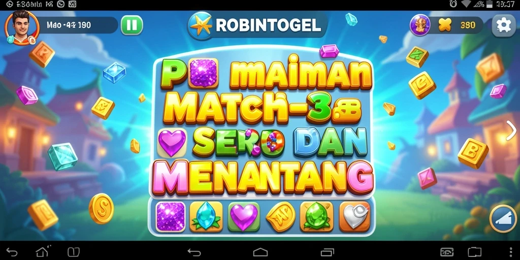 Screenshot gameplay ROBINTOGEL menampilkan tantangan Match-3 yang seru.